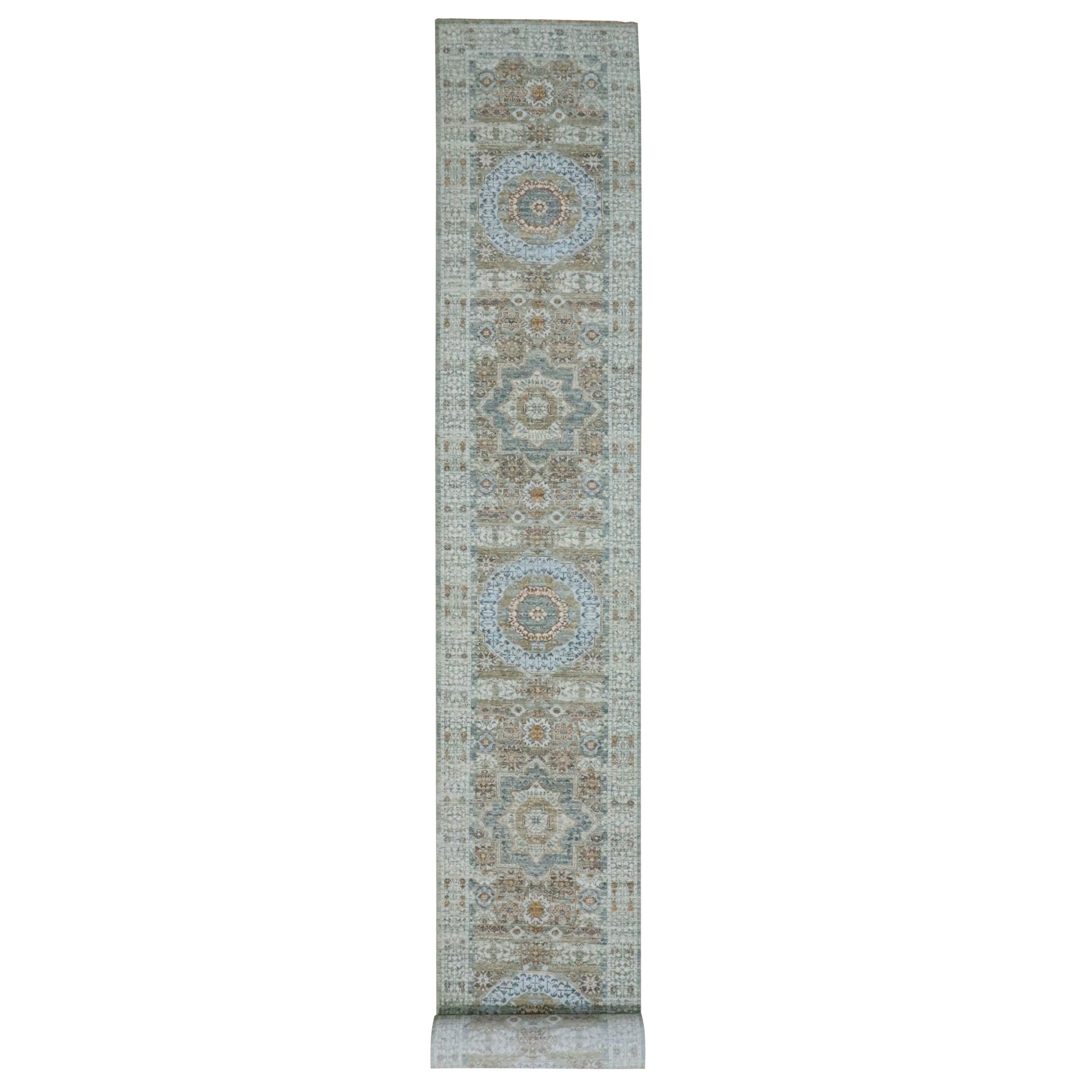 Pistachio Green, Hand Knotted, Pre Historic 14th Century Influence, Mamluk Design, Natural Dyes, Pure Wool, XL Runner, Oriental Rug 